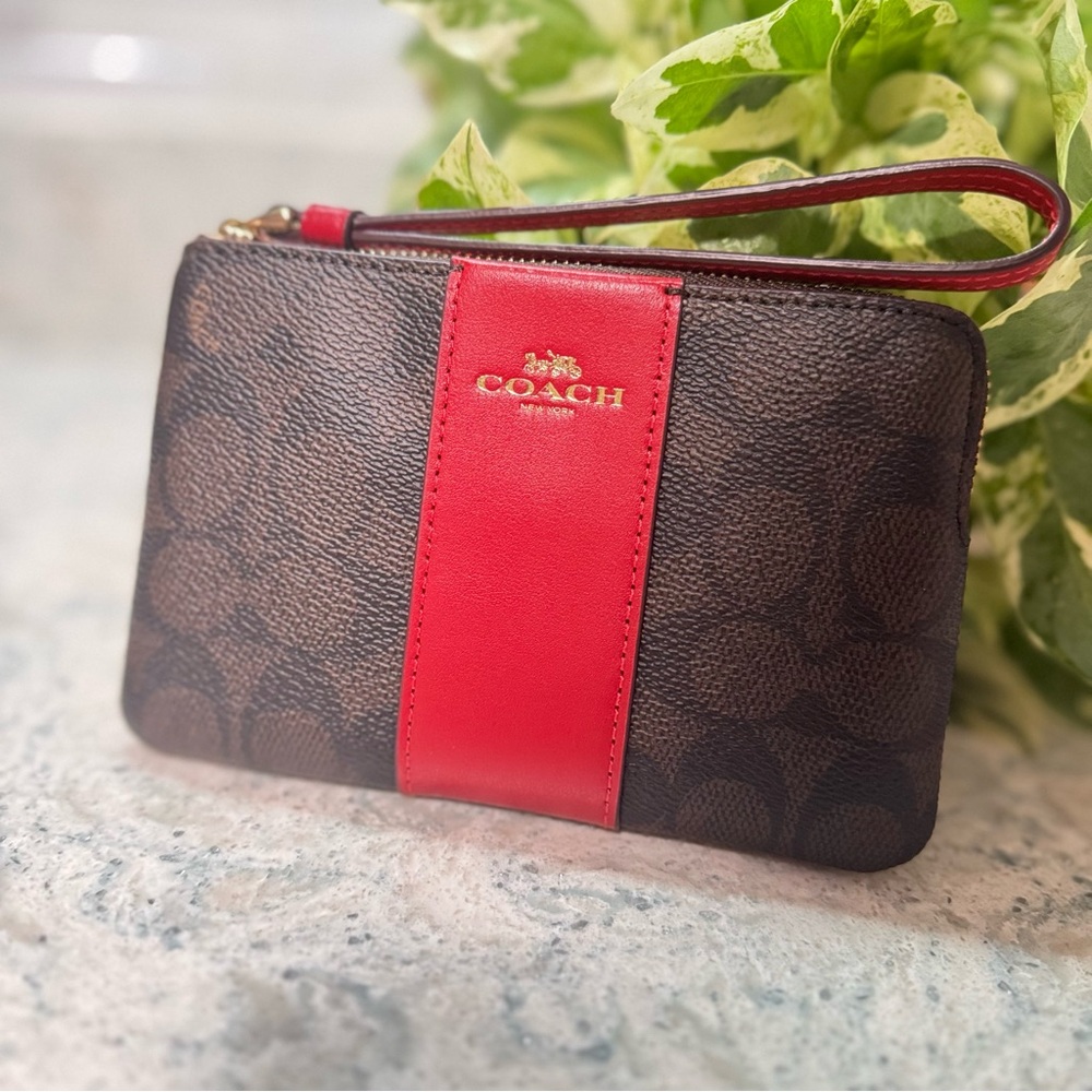 Coach Corner Zip Wristlet In Signature Canvas With red Stripe